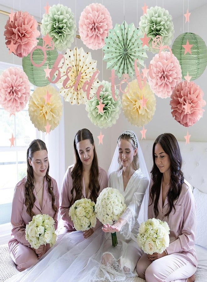 FETETIJD Sage Green and Pink Bridal Shower Decorations Dusty Blush Pink Bachelorette Party Decorations Bride to Be Banner Wedding Party Decor with Paper Pom Poms Lanterns - Image 3