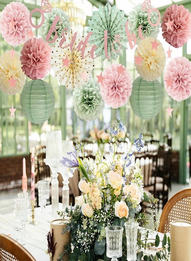 FETETIJD Sage Green and Pink Bridal Shower Decorations Dusty Blush Pink Bachelorette Party Decorations Bride to Be Banner Wedding Party Decor with Paper Pom Poms Lanterns - Image 5