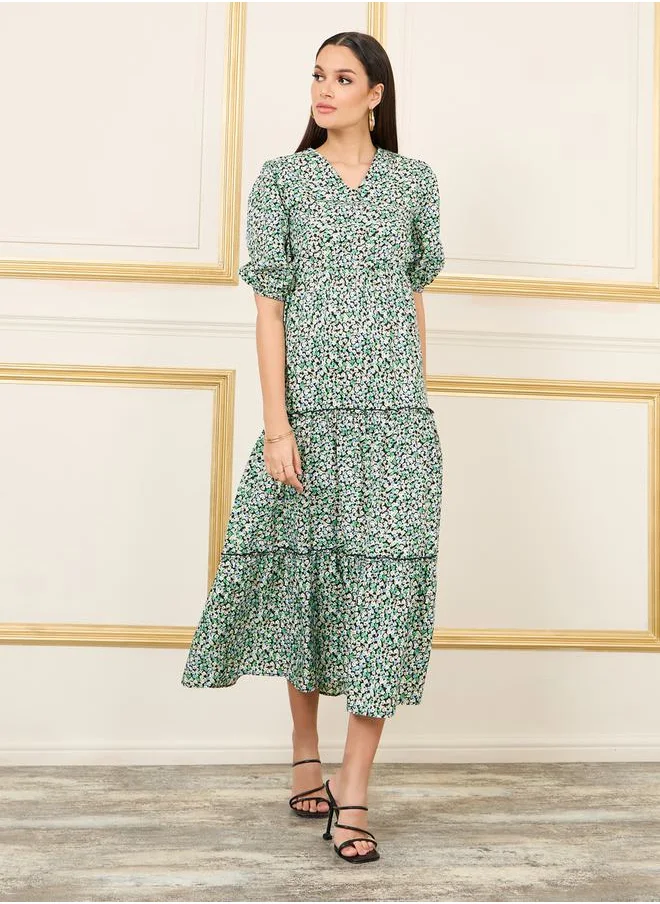 Styli Ditsy Floral Print Ruffle Detail A-Line Midi Dress