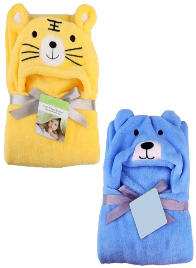 BRANDONN Baby's Tiger and Dog Design Hooded Wrapper Cum Baby Bath Towel ( Yellow and Blue ) - Pack of 2 - Image 1