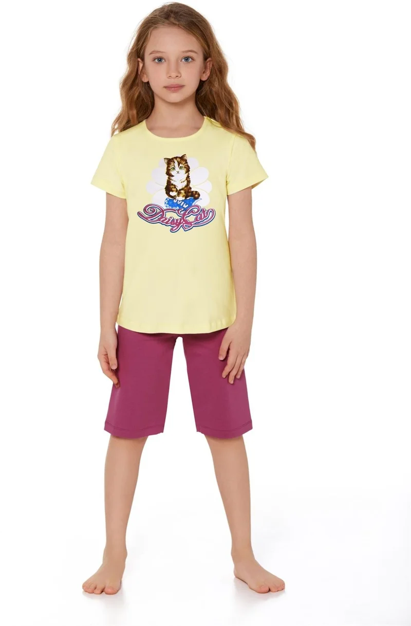 Baykar Girls Cotton Crew Neck Printed Short Sleeve Shorts Pajama Set 9218 Yellow