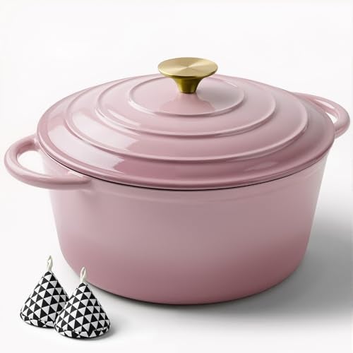 Miereirl 6 Quart Enameled Dutch Oven Pot with Lid, Cast Iron Dutch Oven with Dual Handles for Bread Baking, Cooking, Non-stick Enamel Coated Cookware, Pink - Image 1