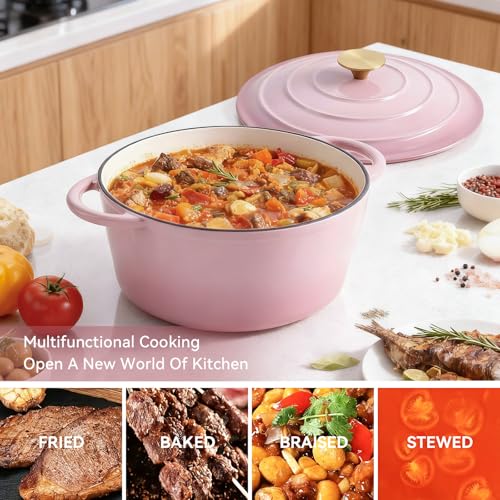 Miereirl 6 Quart Enameled Dutch Oven Pot with Lid, Cast Iron Dutch Oven with Dual Handles for Bread Baking, Cooking, Non-stick Enamel Coated Cookware, Pink - Image 3