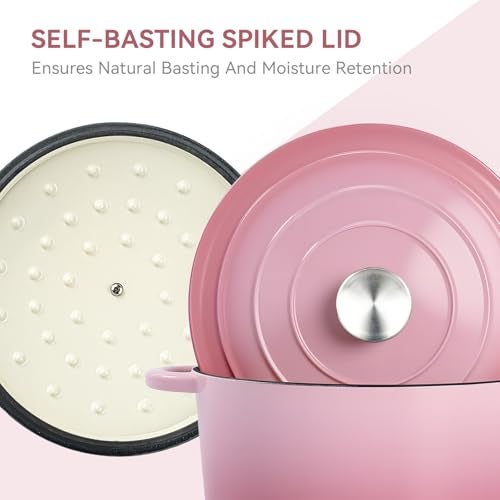 Miereirl 6 Quart Enameled Dutch Oven Pot with Lid, Cast Iron Dutch Oven with Dual Handles for Bread Baking, Cooking, Non-stick Enamel Coated Cookware, Pink - Image 5