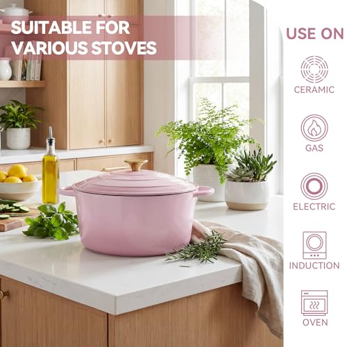 Miereirl 6 Quart Enameled Dutch Oven Pot with Lid, Cast Iron Dutch Oven with Dual Handles for Bread Baking, Cooking, Non-stick Enamel Coated Cookware, Pink - Image 2