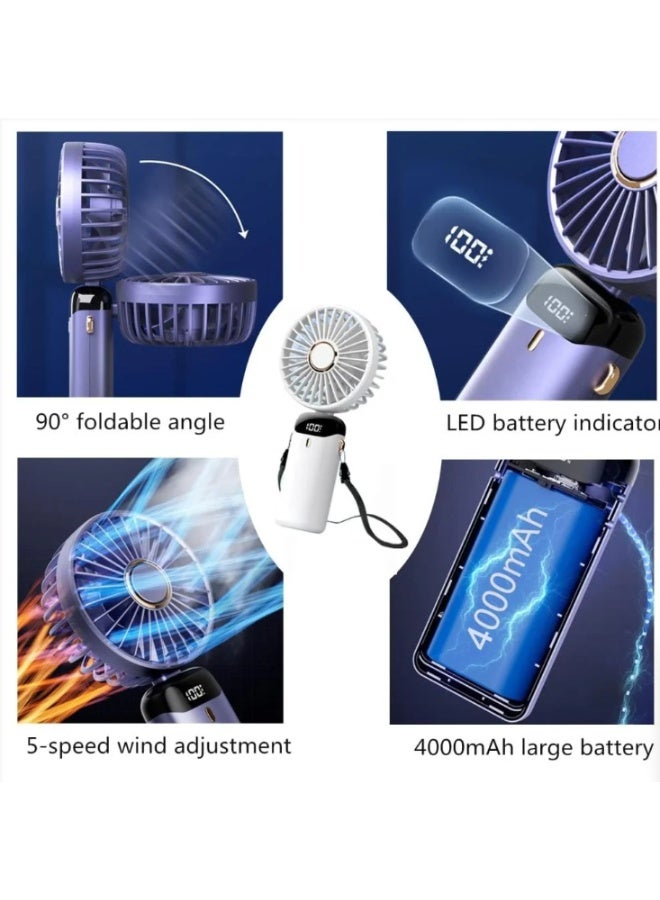 دينكس مروحة دينكس المحمولة باليد، مروحة صغيرة قابلة لإعادة الشحن بمنفذ USB بقوة 4000 مللي أمبير/ساعة مع شاشة رقمية، مروحة جيب شخصية صغيرة بخمس سرعات، مروحة مكتب قابلة للطي مع حبل وقاعدة للاستخدام المنزلي والسفر في الهواء الطلق (أبيض) - Image 2