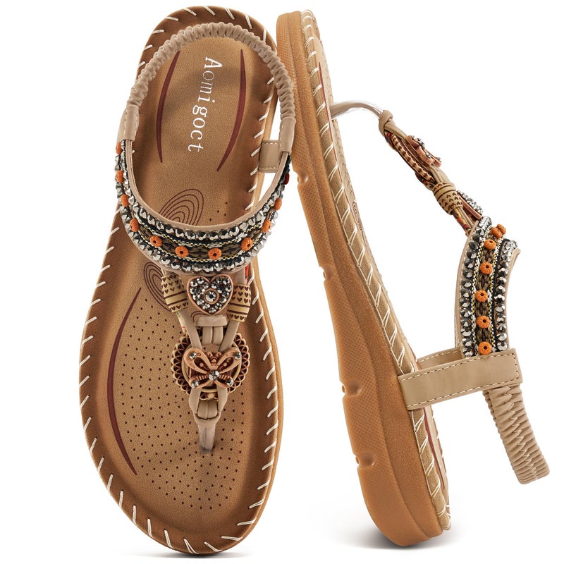 Aomigoct Sandals Women Flat Shoes Dressy Summer Bohemian Flats Shoes for Women Sandals Comfortable Ankle Strap Outdoor Walking