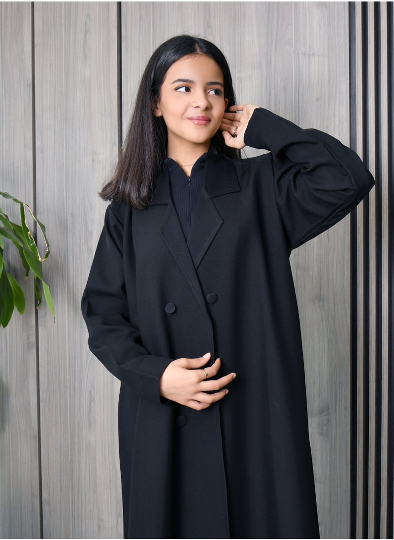 HAWRAA ABAYA - Black wrap abaya with a formal collar, front buttons, and cloche cut - Image 1