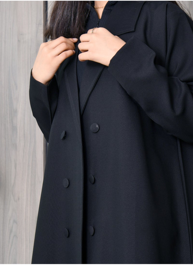 HAWRAA ABAYA - Black wrap abaya with a formal collar, front buttons, and cloche cut - Image 1