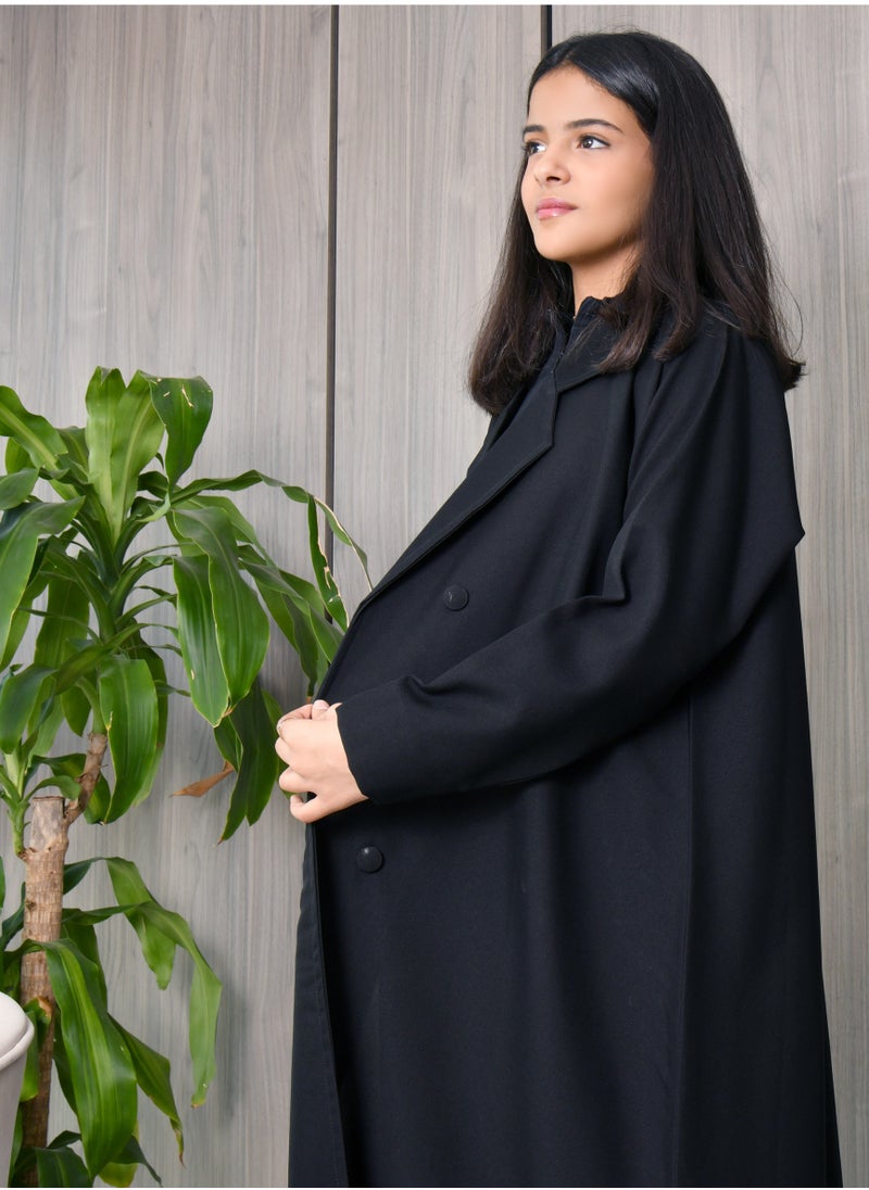 HAWRAA ABAYA - Black wrap abaya with a formal collar, front buttons, and cloche cut - Image 1