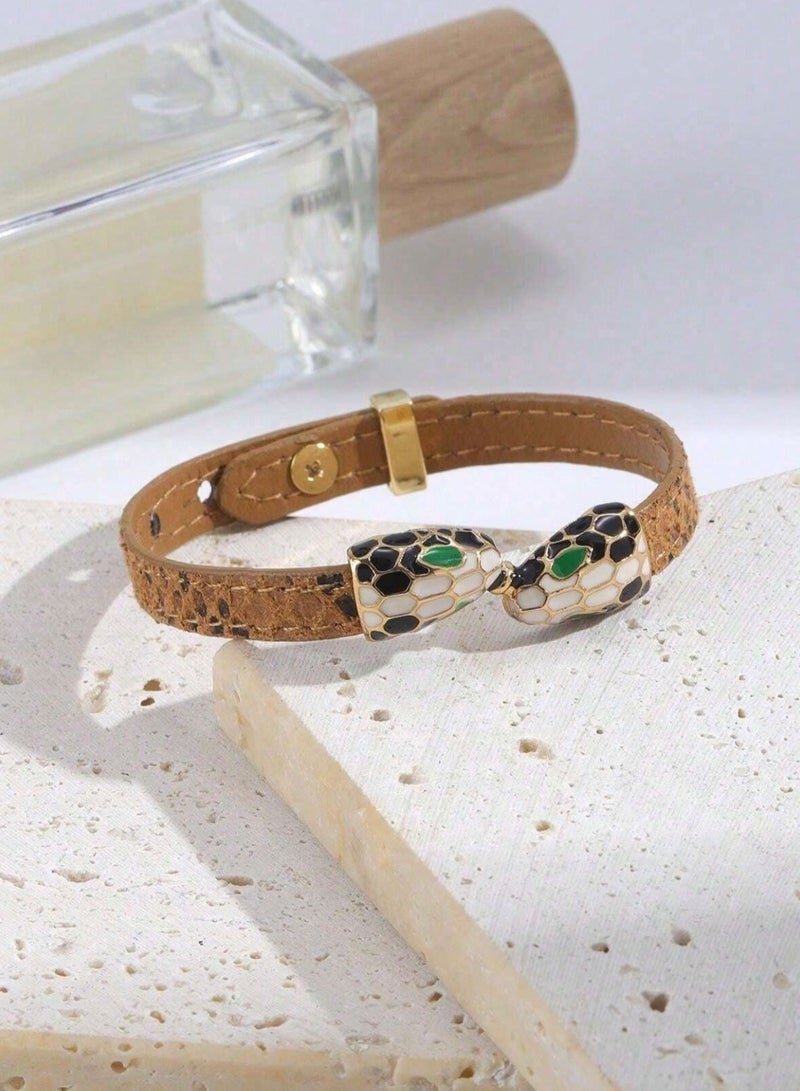 Leather Bracelet For Women With Double Snake Heads - Image 2