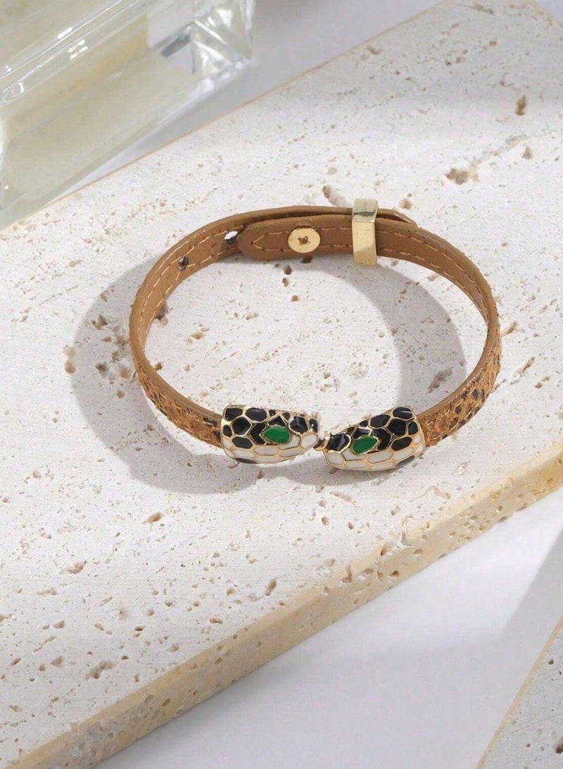 Leather Bracelet For Women With Double Snake Heads - Image 3