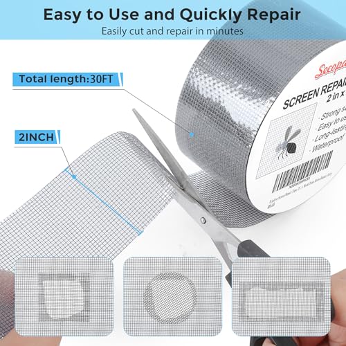 Secopad Grey Window Screen Repair Tape, 2IN X 30FT (360IN) Screen Repair Kit for Windows or Doors, Strong Adhesive Patch Kit Fiberglass Mesh Tape - Image 3