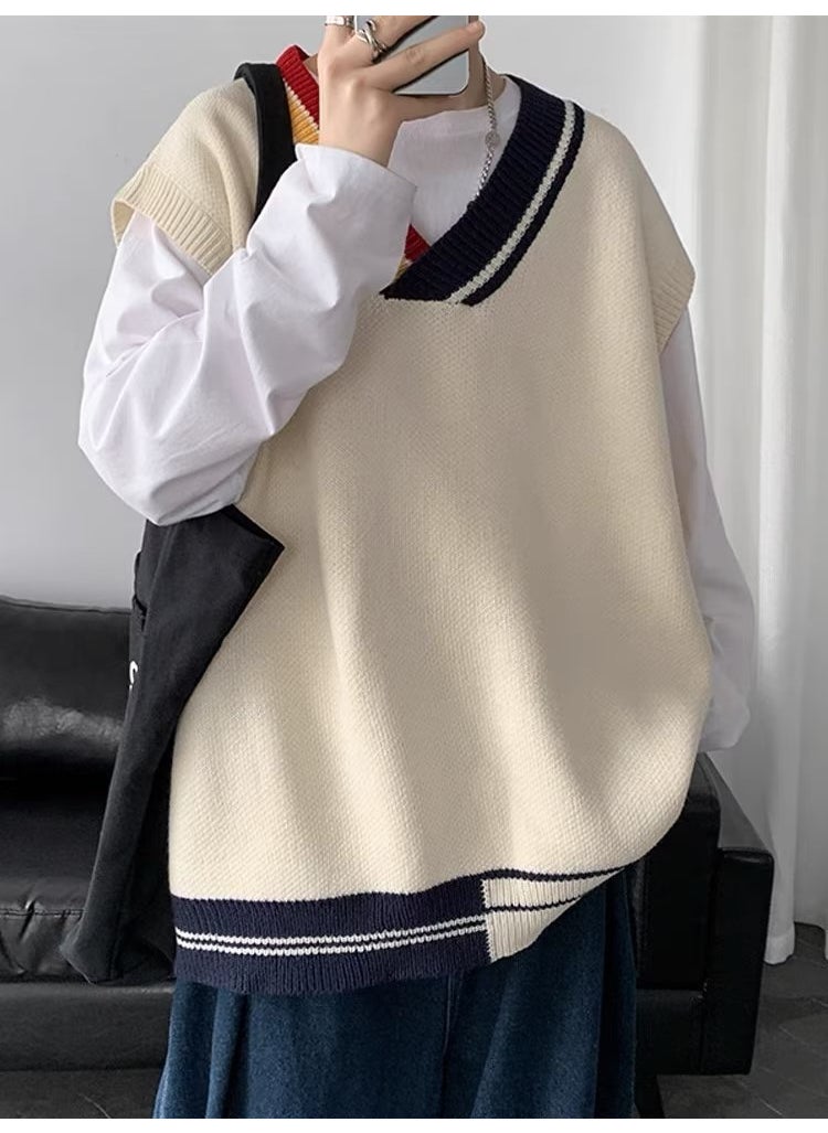 Generic - V-Neck Sweater Vest Men Sleeveless Trendy Knit Waistcoat Apricot - Image 1