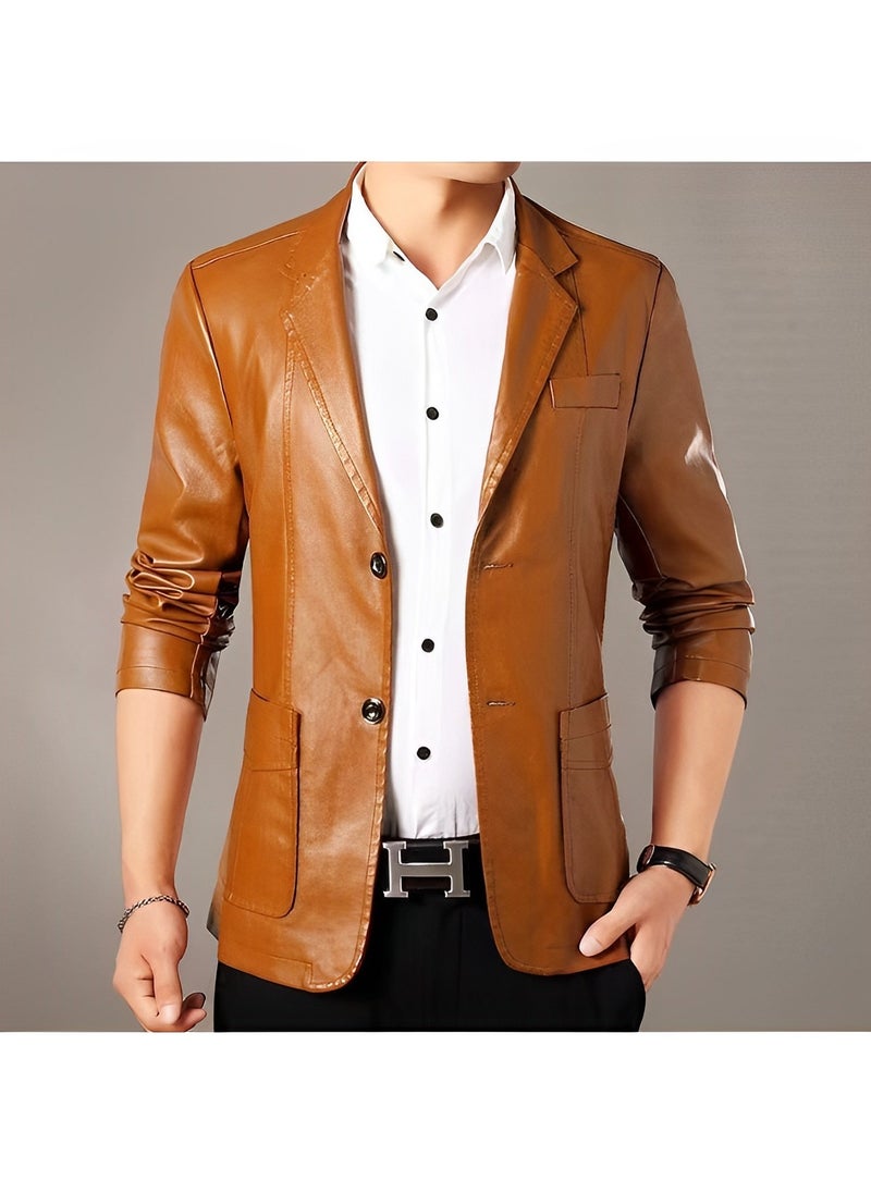 REOCLE Men's Leather Blazer Classic 2-Button Leather Blazer Casual Coat Long Sleeves Suit Style Leather Jacket  - Image 2