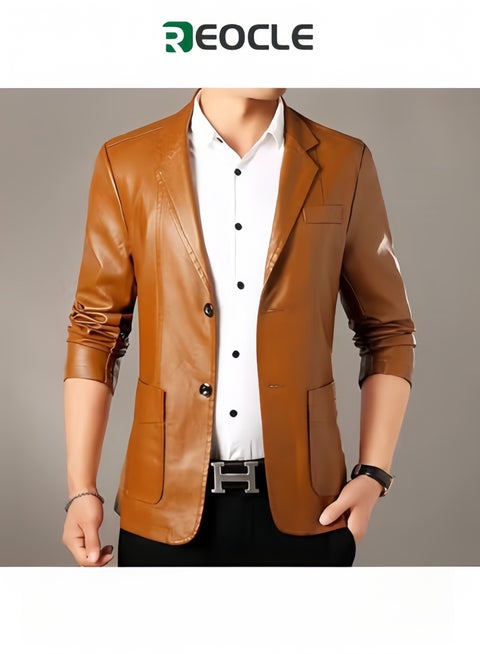 Men's Leather Blazer Classic 2-Button Leather Blazer Casual Coat Long Sleeves Suit Style Leather Jacket