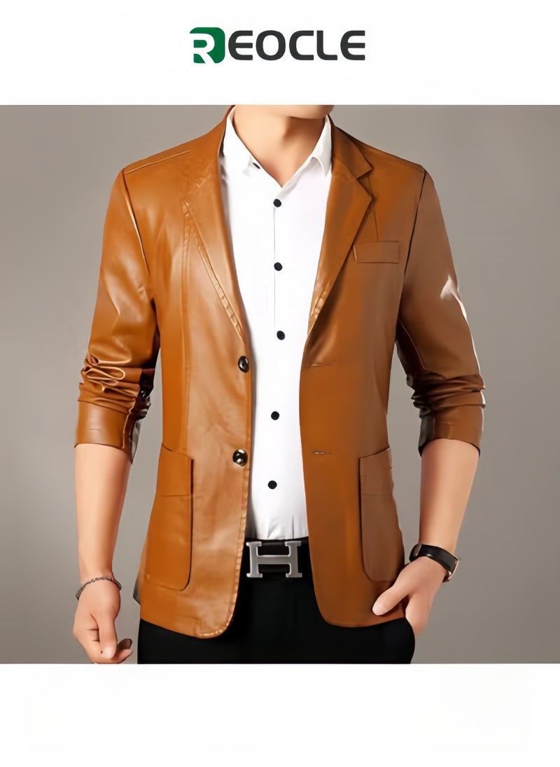 REOCLE Men's Leather Blazer Classic 2-Button Leather Blazer Casual Coat Long Sleeves Suit Style Leather Jacket  - Image 1