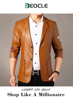 REOCLE Men's Leather Blazer Classic 2-Button Leather Blazer Casual Coat Long Sleeves Suit Style Leather Jacket  - Image 1