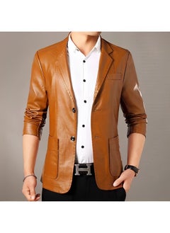 REOCLE Men's Leather Blazer Classic 2-Button Leather Blazer Casual Coat Long Sleeves Suit Style Leather Jacket  - Image 2