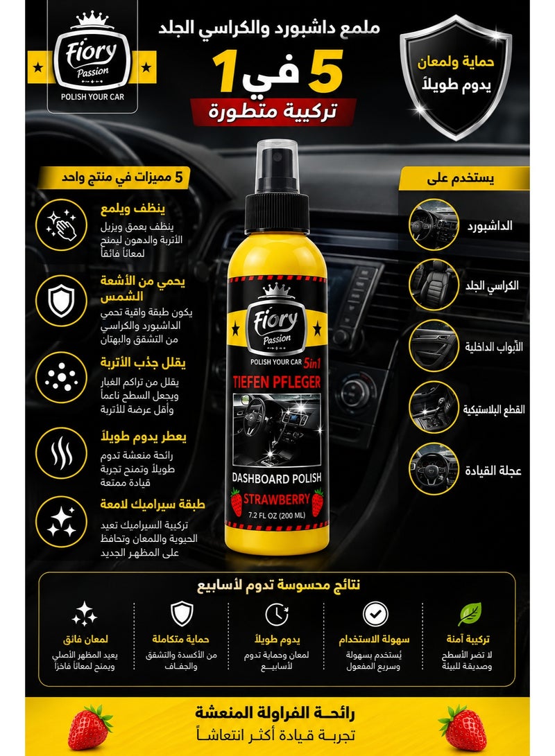 Flory 5 in 1 Dashboard Polish Spray, Strawberry Fragrance, Long Lasting Interior Shine, Multi Surface Cleaner & Protectant, Easy Spray Application, 200 ml - Image 3