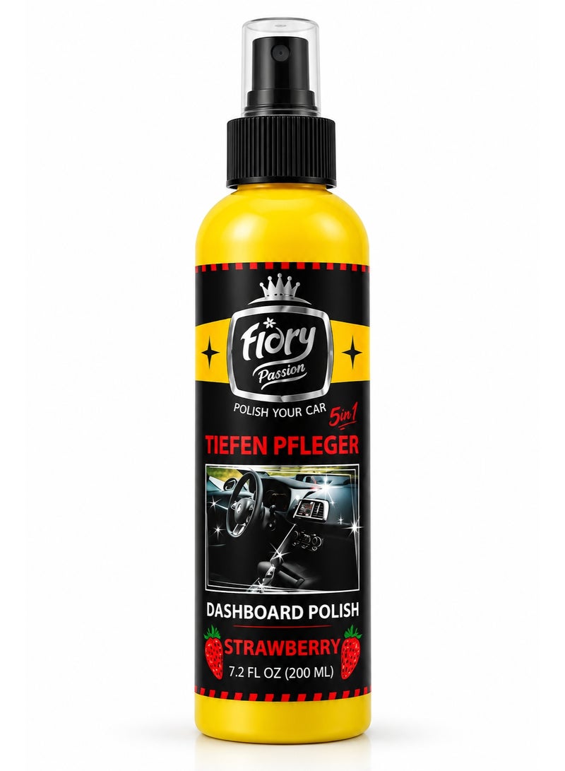 Flory 5 in 1 Dashboard Polish Spray, Strawberry Fragrance, Long Lasting Interior Shine, Multi Surface Cleaner & Protectant, Easy Spray Application, 200 ml - Image 1