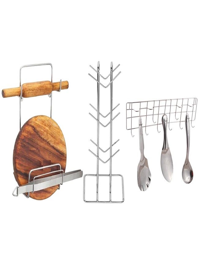 JISUN Stainless Steel Cup Stand/Cup Holder & Chakla Belan Stand & Hook Rail/Wall Mounted Ladle Stand for Kitchen - Image 1