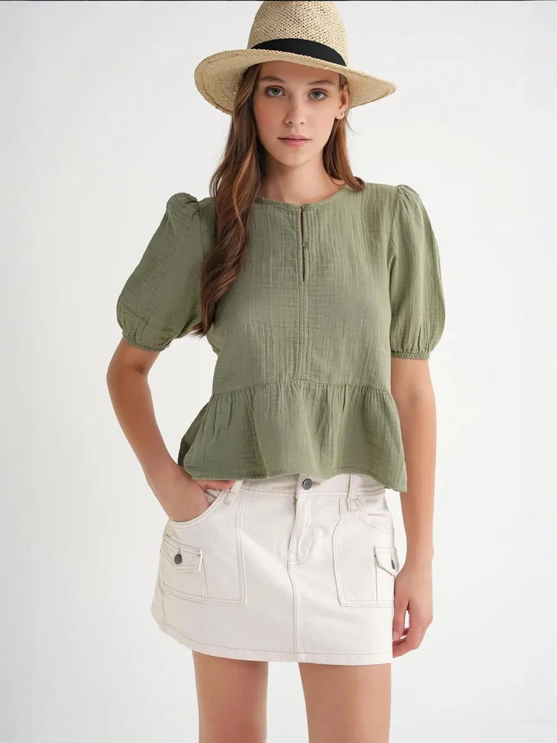 MixRay Mixray Textured Muslin Crew Neck Blouse with Button Closure