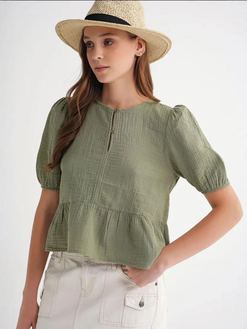 MixRay Mixray Textured Muslin Crew Neck Blouse with Button Closure
