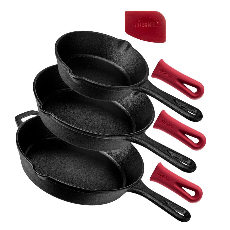 Cuisinel Cast Iron Skillet Set  3Piece 6  8  10Inch Chef Frying Pans  PreSeasoned Oven Safe Cookware  3 HeatResistant Handle Covers  IndoorOutdoor Use  Grill Stovetop BBQ Fire Safe