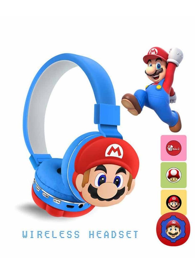 Blue Mario pattern Bluetooth wireless headphones for children, folding headphones for children's noise reduction, suitable for children's stereo headphones for TF cards, mobile phones, tablets - Image 1