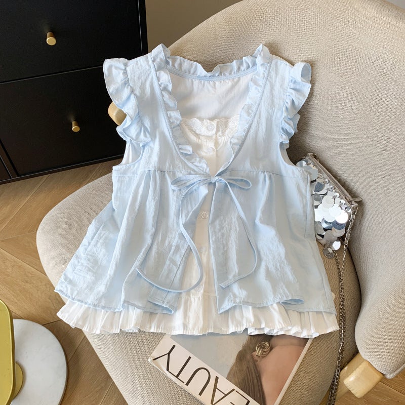 Real S Of Korean-Style Plaid Fake Two-Piece Shirt For Women With Age-Reducing Loose Sleeveless Babydoll Vest Top - Image 2