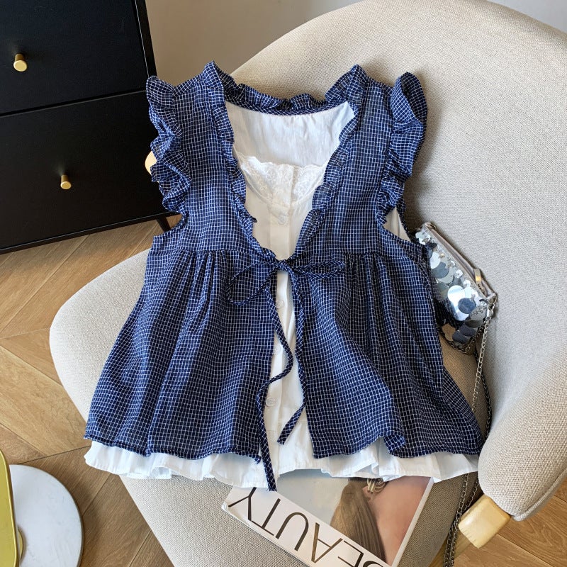 Real S Of Korean-Style Plaid Fake Two-Piece Shirt For Women With Age-Reducing Loose Sleeveless Babydoll Vest Top - Image 3
