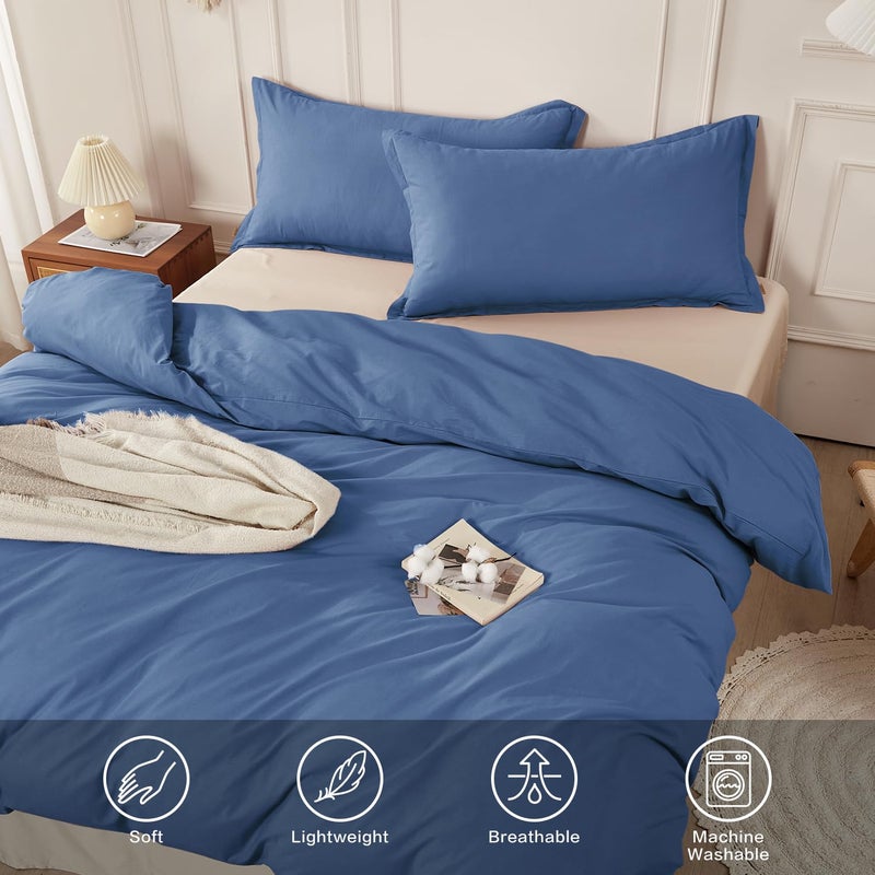 SAPHREAS 100% Washed Cotton Duvet Cover Queen Size Set, Linen Like Comforter Cover with Zipper Closure & Corner Ties (No Comforter), 90x90 Navy Blue - Image 4