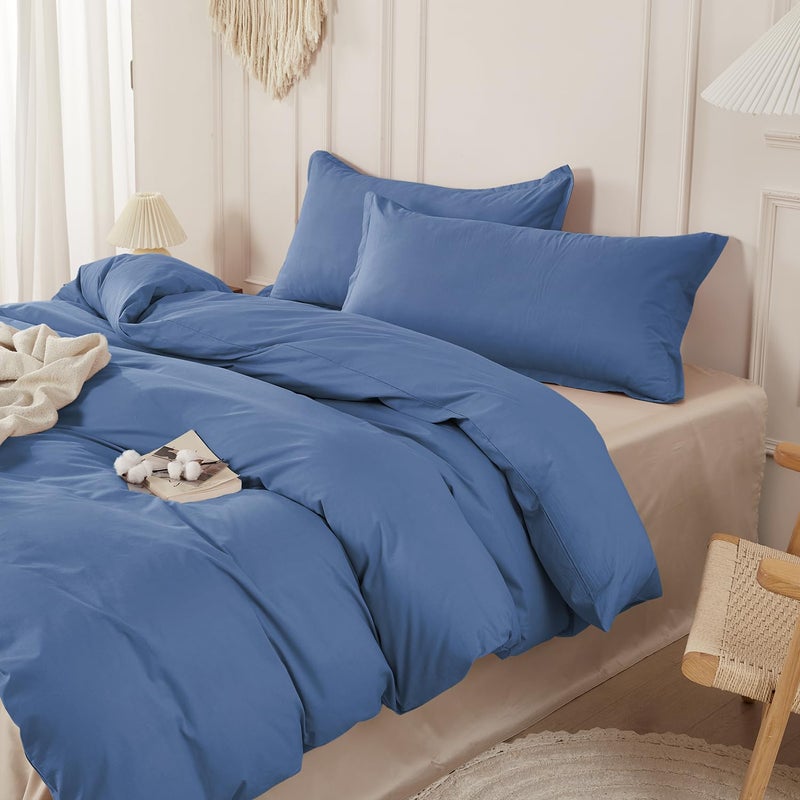 SAPHREAS 100% Washed Cotton Duvet Cover Queen Size Set, Linen Like Comforter Cover with Zipper Closure & Corner Ties (No Comforter), 90x90 Navy Blue - Image 1