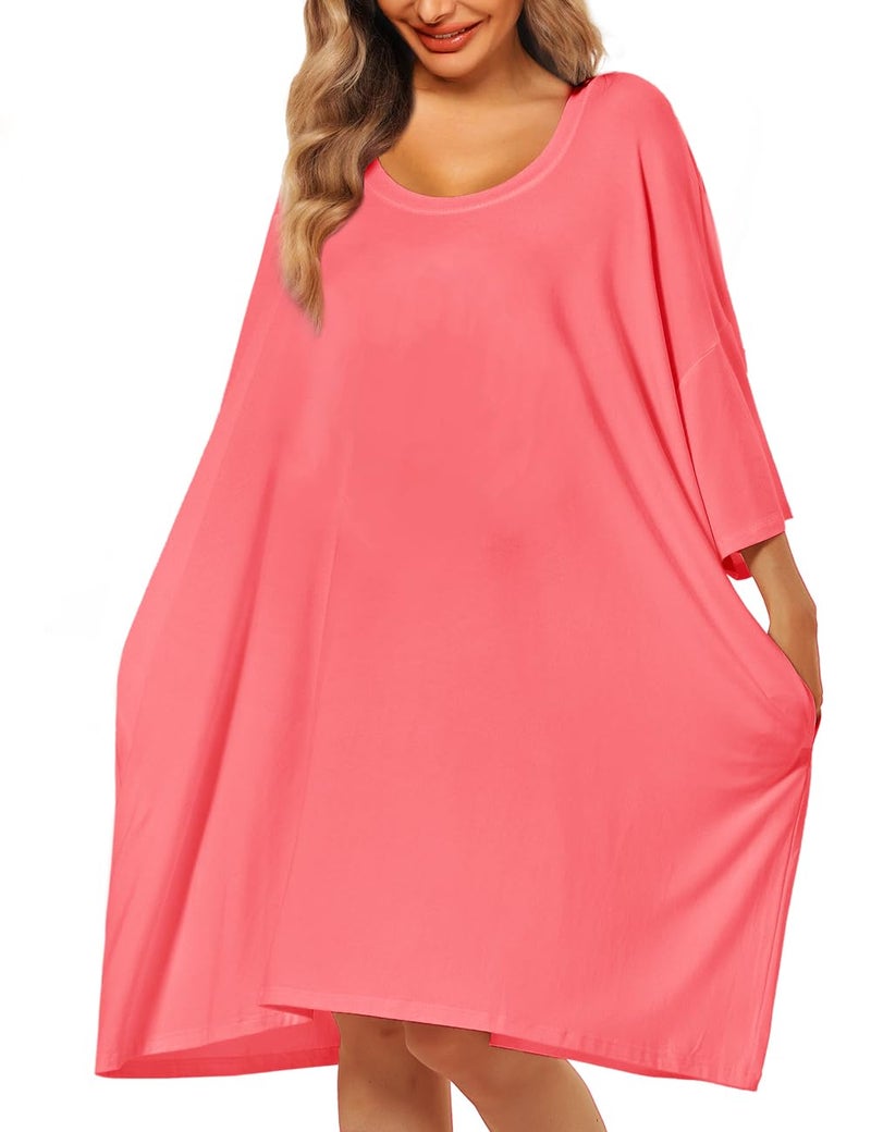 KFUBUO Plus Size Nightgowns for Women Oversized Sleep Shirts Sleep Tee Short Sleeves Print Sleepwear With Pocket Fit S-5XL Coral Pink - Image 3