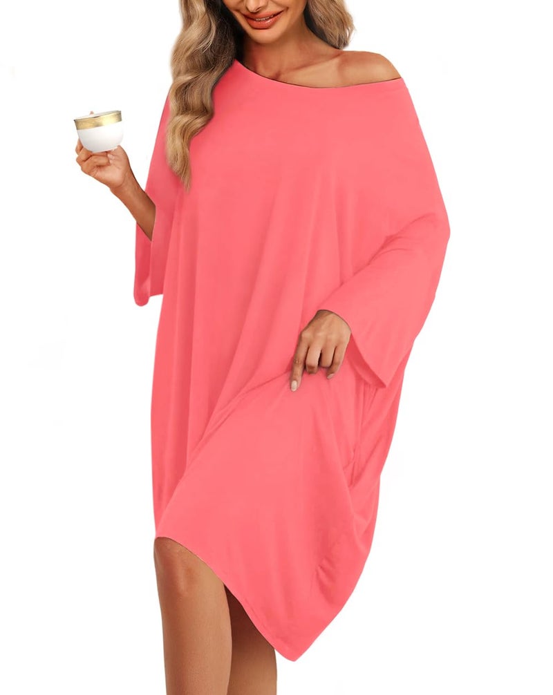 KFUBUO Plus Size Nightgowns for Women Oversized Sleep Shirts Sleep Tee Short Sleeves Print Sleepwear With Pocket Fit S-5XL Coral Pink - Image 1