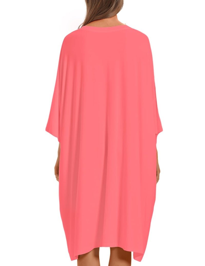 KFUBUO Plus Size Nightgowns for Women Oversized Sleep Shirts Sleep Tee Short Sleeves Print Sleepwear With Pocket Fit S-5XL Coral Pink - Image 2