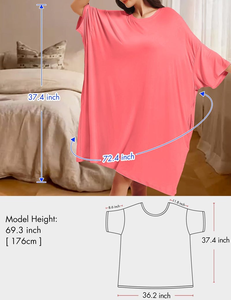 KFUBUO Plus Size Nightgowns for Women Oversized Sleep Shirts Sleep Tee Short Sleeves Print Sleepwear With Pocket Fit S-5XL Coral Pink - Image 4