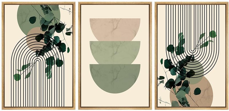 Framed Canvas Wall Art Sage Green Wall Art Set of 3 Minimalist Boho Wall Decor Geometric Abstract Line Botanical Green Artwork Paintings Boho Room Decor Sage Green Wall Posters Prints for Living Room Bedroom Bathroom Office 16x24