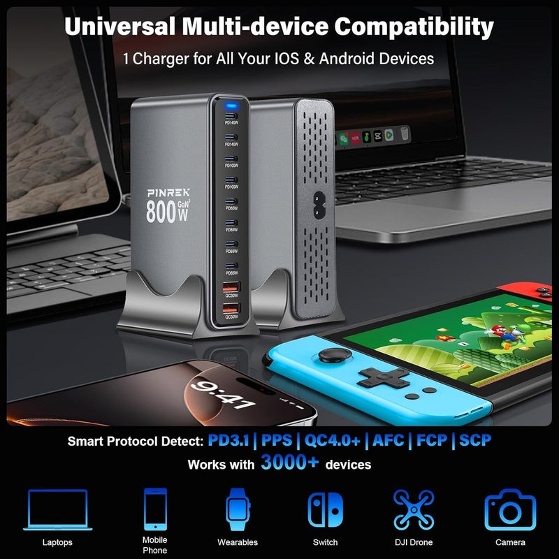 بينريك محطة شحن 800W بـ 10 منافذ لأجهزة متعددة، محور شحن USB-C مكتبي بقدرة 140W PD3.1 GaN مع 8 منافذ USB-C ومنفذي USB-A، محول طاقة PPS QC4.0+ لأجهزة MacBook وiPhone وGalaxy، مع كابل 100W مرفق - Image 5