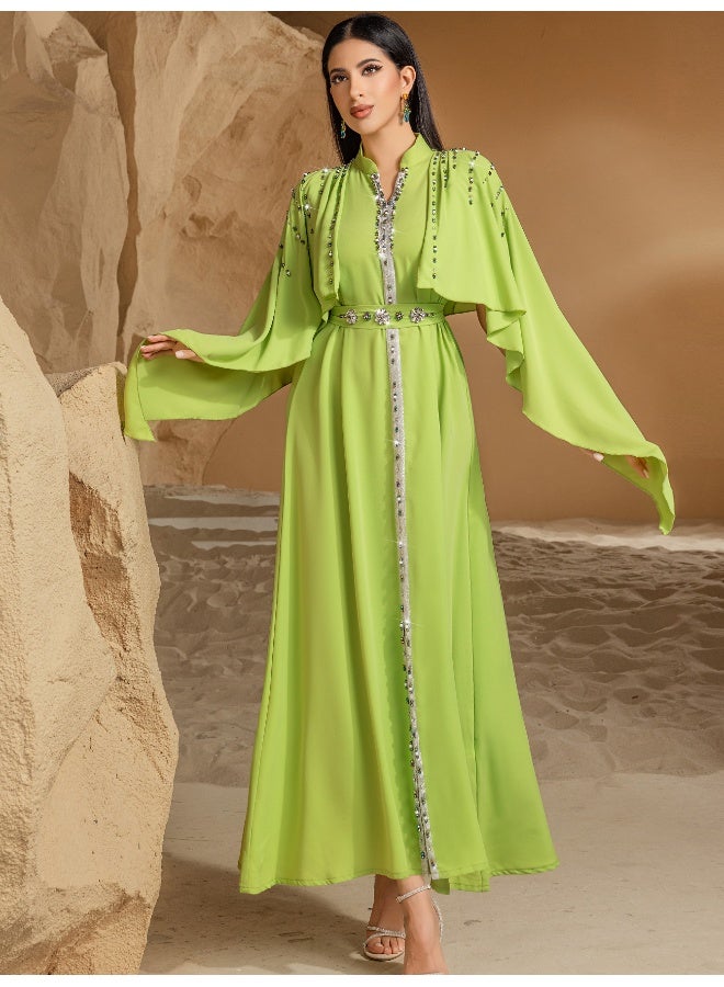 Madam Uniq Elegant Lime Green Hand - Embellished Gown, Cape - Sleeve & Belted Waist, Formal Evening Dress - Image 1