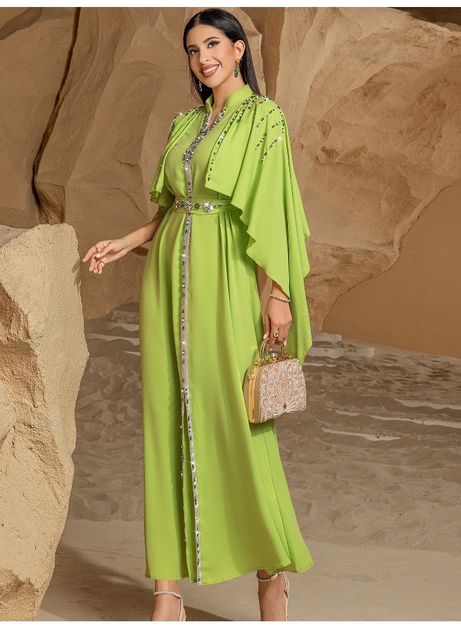 Madam Uniq Elegant Lime Green Hand - Embellished Gown, Cape - Sleeve & Belted Waist, Formal Evening Dress - Image 5