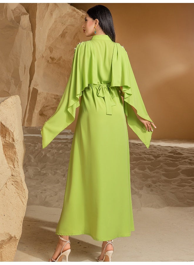 Madam Uniq Elegant Lime Green Hand - Embellished Gown, Cape - Sleeve & Belted Waist, Formal Evening Dress - Image 2