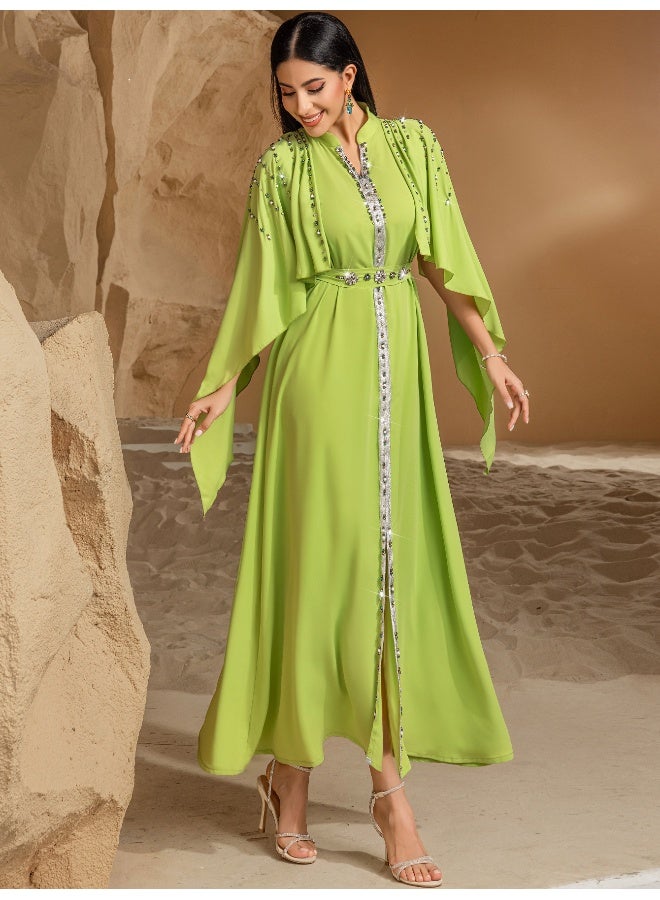 Madam Uniq Elegant Lime Green Hand - Embellished Gown, Cape - Sleeve & Belted Waist, Formal Evening Dress - Image 4