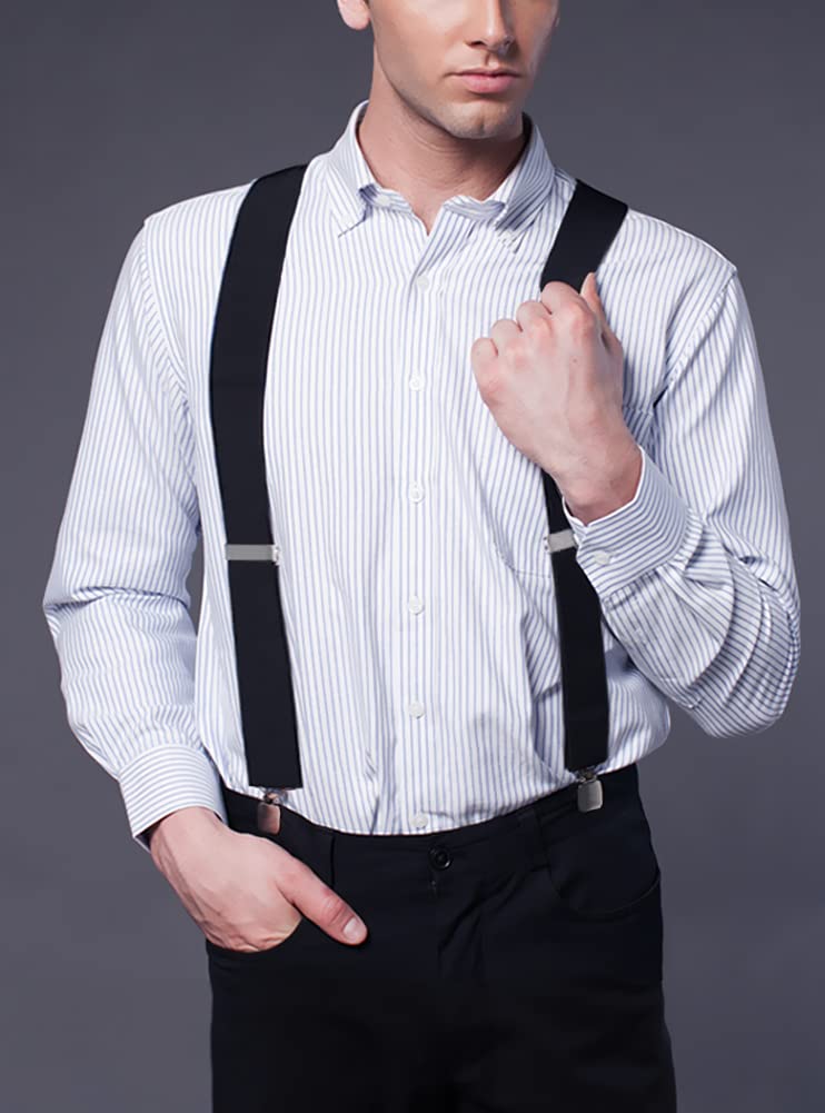 Fasker Mens Suspenders X-Back 2" Wide Adjustable Solid Straight Heavy Duty Clip Suspenders for Men Women, Black - Image 2