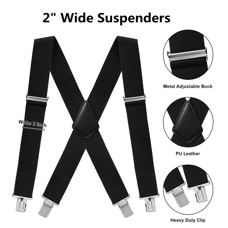 Fasker Mens Suspenders X-Back 2" Wide Adjustable Solid Straight Heavy Duty Clip Suspenders for Men Women, Black - Image 4