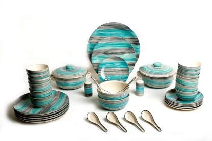 Caffeine Ceramic Handmade Sea Green Dinner Set (37 pcs. Dishwasher Safe & Microwave Safe) - Image 1