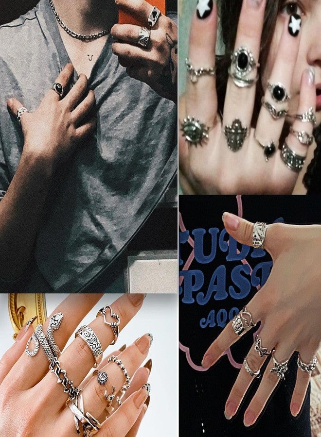 17 اي اف مجموعة من 35 خاتمًا فضيًا عتيقًا للمفاصل، مناسبة للرجال والنساء، بتصميمات جرانج قوطية، وخواتم ضخمة بتصميم ثعبان جمالي، قابلة للتكديس، قابلة للتعديل، بتصميمات بانك Y2K، وخواتم بوهيمية، وخواتم بديلة بتصميمات جنية، جمجمة، ضفدع، قلب، نجمة، زهرة، مجموعة خواتم ميدي - Image 5