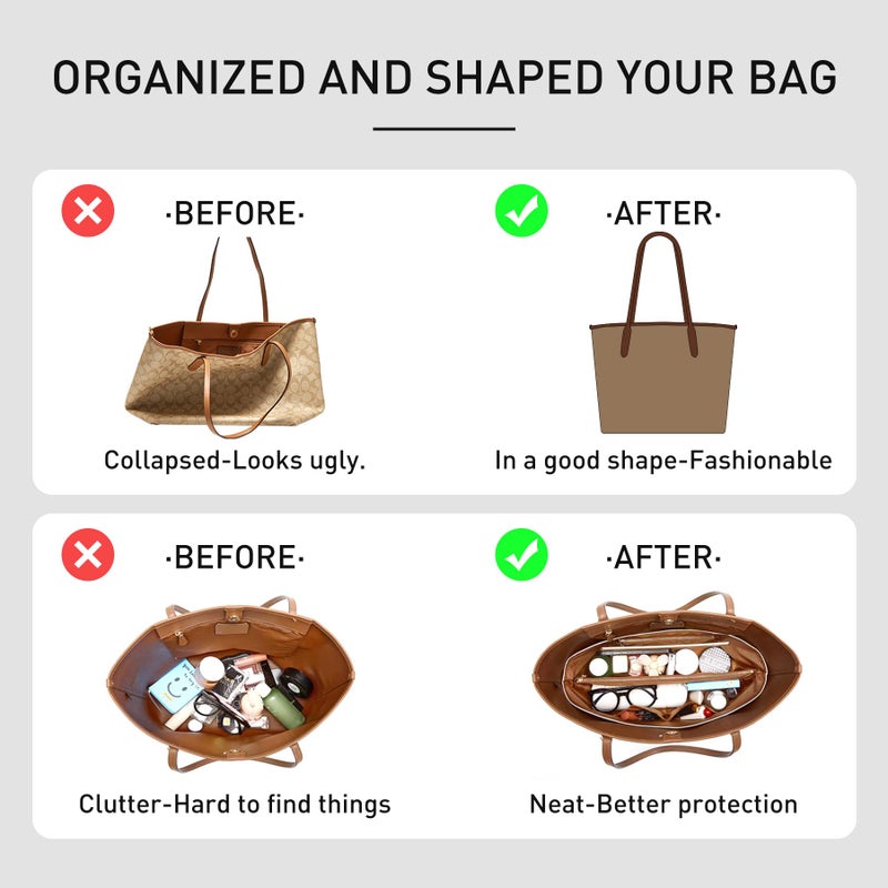 OAikor Purse Organizer Insert for Coach City Tote 33, Lightweight Dupont Paper Tote Bag Organizer Storage Dividers with Keychain, 9 Pockets Bag Insert with Cup Holder Zippered Section,White-Brown - Image 3