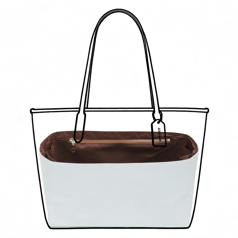 OAikor Purse Organizer Insert for Coach City Tote 33, Lightweight Dupont Paper Tote Bag Organizer Storage Dividers with Keychain, 9 Pockets Bag Insert with Cup Holder Zippered Section,White-Brown - Image 1